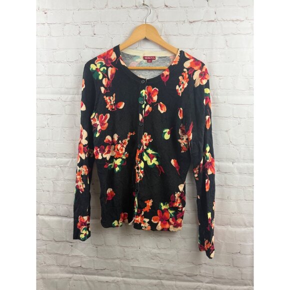 Merona Cardigan Womens Size Large Black Floral Button Up Lightweight Casual - Picture 1 of 7